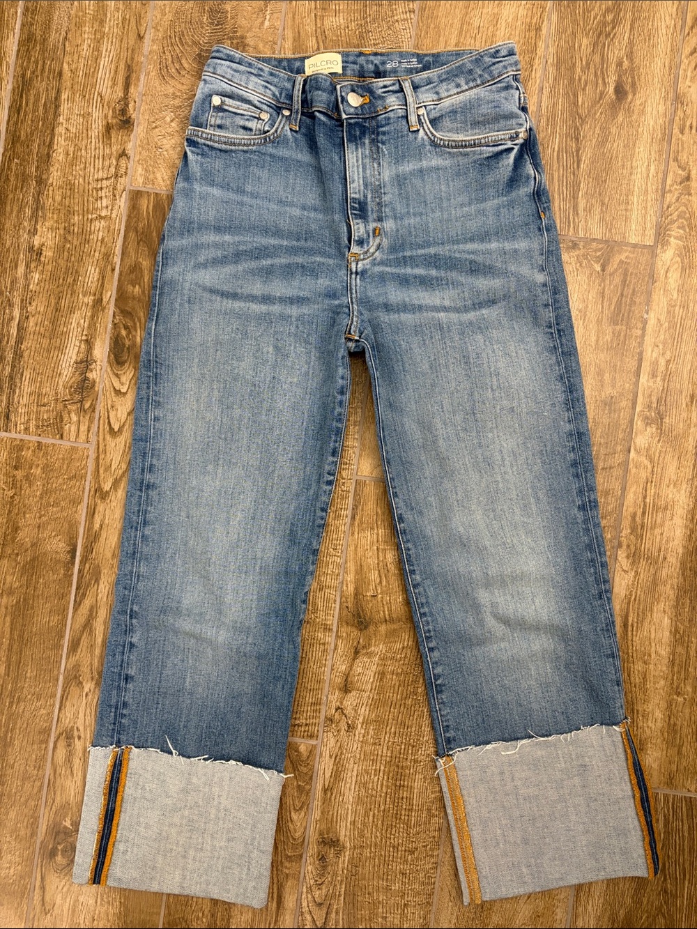 Pilcro Cropped Straight Jeans in Light Blue with Cuff Detail